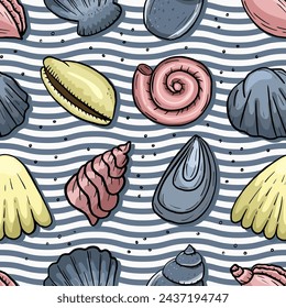 Vector illustration, nautical pattern, seashell, sea, foam, wave