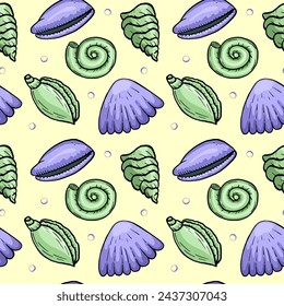 Ilustración vectorial, patrón náutico, concha, mar, espuma, onda