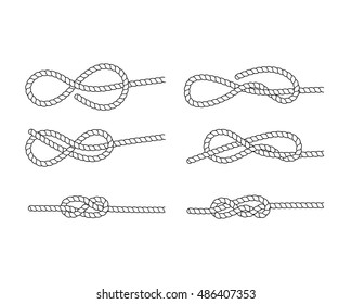 Vector illustration. Nautical rope knots. Marine rope. Graphic noose symbol rope knots different types. Set of rope knots, hitches, bows.