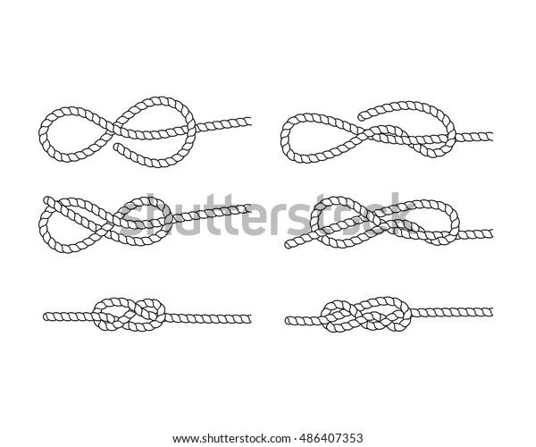 Vector illustration. Nautical rope knots. Marine\
rope. Graphic noose symbol rope knots different types. Set of rope\
knots, hitches, bows.