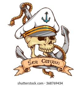 Vector Illustration Of Nautical Skull Captain With Banner and Anchor