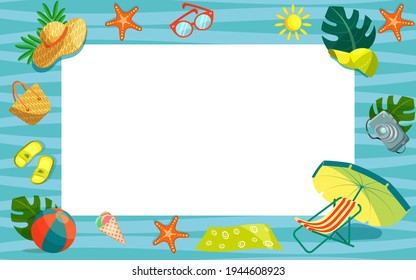 Vector illustration of nautical summer objects in the form of a horizontal frame. Vacation theme