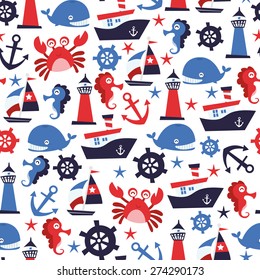 A Vector Illustration Of Nautical Theme Seamless Pattern Background.