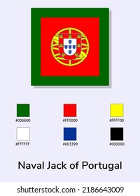 Vector Illustration of Naval Jack of Portugal flag isolated on light blue background. Illustration Naval Jack of Portugal flag with Color Codes. As close as possible to the original.  