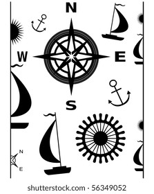 Vector illustration of navigation elements: borders, anchor, compass rose, sailboats, helm