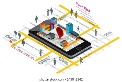 Vector illustration of navigation map and building on Smart phone screen, Smartphone with map,