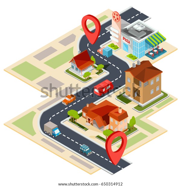Vector\
illustration of the navigation map with gps icons. Image of a paper\
map with red pin pointers, 3D houses, cars,\
trees