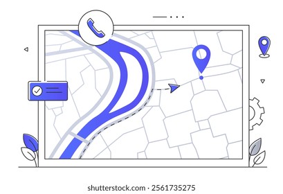 A vector illustration of a navigation map interface with route, location pin, phone icon, and settings gear. Concept of GPS, navigation, directions, and travel planning