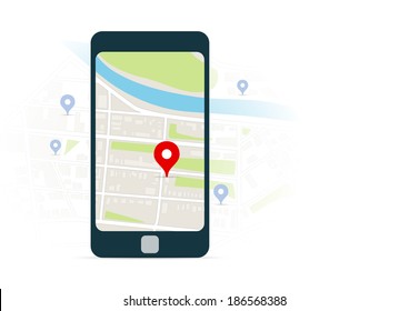 Vector illustration of navigation and map on the screen of smart-phone. Flat design style.
