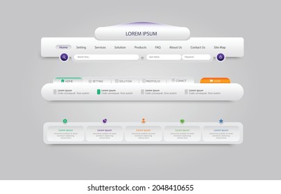 Vector illustration of navigation menu. Horizontal vector menu. UI element. Web Design Menu Navigation Bar Website Header Element Glossy and Matte.