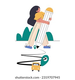 Vector illustration. Navigation, pave the way, navigator, girl with a pencil, graphic design.