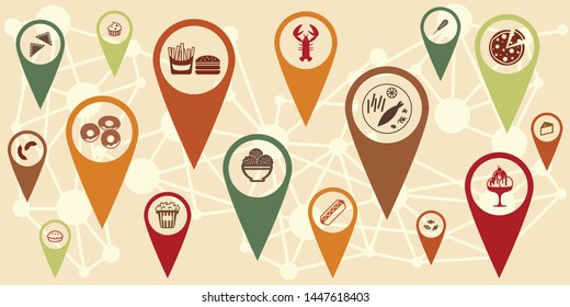 vector illustration of navigation symbols for places search and maps and food icons for eateries and restaurants locations in town