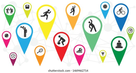 vector illustration of navigation symbols with sport icons for fitness locations in color style