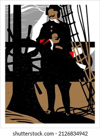 Vector illustration with a navigator at the helm of a sailboat. The figure of a man with a compass and a geographical map in his hands. Captain in 18th century clothing. Printed graphics with texture.