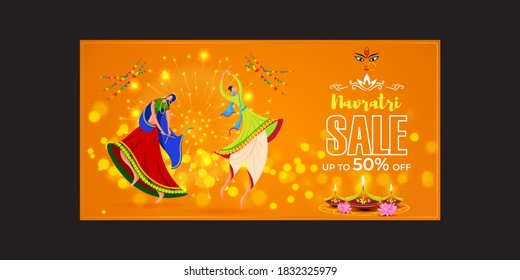 Vector illustration of Navratri Sale banner, upto 50% off, two people playing dandiya, Goddess Durga face, Indian festival celebration, colorful fireworks, Navratri banner template.