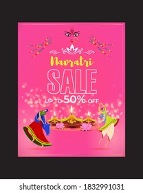 Vector illustration of Navratri Sale banner, upto 50% off, two people playing dandiya, Goddess Durga face, Indian festival celebration, colorful fireworks, Navratri banner template.