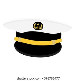 Vector illustration navy cap with golden anchor and laurel wreath. Navy captain hat