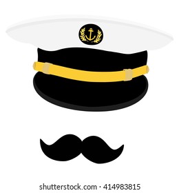 Vector illustration navy cap with golden anchor and laurel wreath. Navy captain hat with black mustache