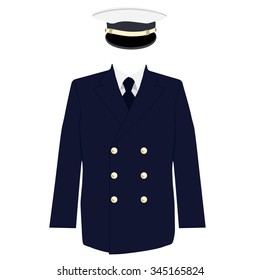 Vector illustration navy captain, officer uniform. Hat and double breasted jacket with tie
