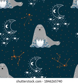 Vector illustration of a Navy seal on a blue background. fur seal and the moon and the stars. Suitable for fabric