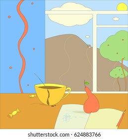 Vector illustration "Near the summer window" - a table with someones opened journal,cap of tea,candies,ripe pear and a window with a summer day,green trees and a mountain in the background. Flat style