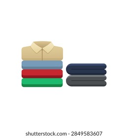 Vector illustration of a neat stack of colorful folded shirts topped with a beige collared dress shirt, alongside a stack of dark folded trousers or jeans. Rendered in a clean flat vector style, perfect for laundry service branding, clothing store inventory, fashion retail, wardrobe organization, e-commerce apparel, and housekeeping concepts. Isolated on a transparent background.