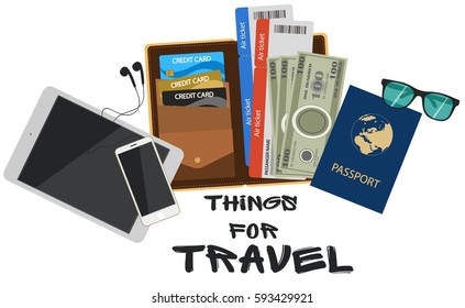 Vector illustration of necessary things for travel, trip things with sign.