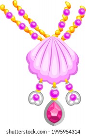 Vector illustration of necklace with pearls, seashell and gem in flat style.