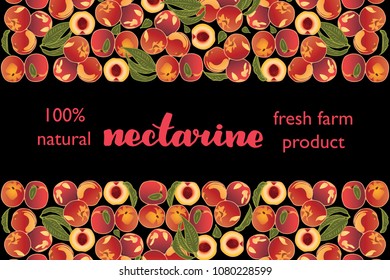 vector illustration of nectarine and leaf design with lettering nectarine background black and fruit and text fresh farm product 100% natural EPS10