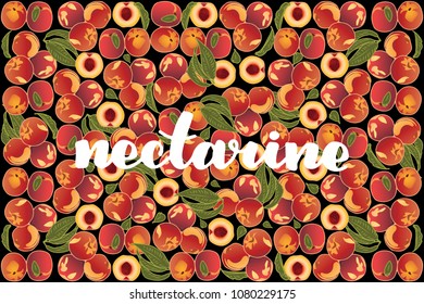 vector illustration of nectarine and leaf design with lettering nectarine background black and fruit EPS10