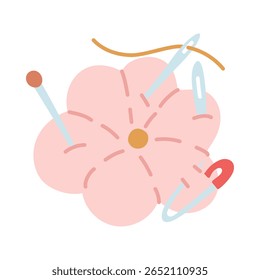 Ilustração vetorial de uma almofada de agulha, um alfinete, um fio em forma de flor e uma nuvem. Ilustração em cores planas. Equipamento de costura. Almofada de agulha. Símbolo artesanal, ofício. Feito à mão, isolado