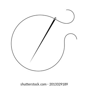 Vector illustration of needle and thread icon on white background.