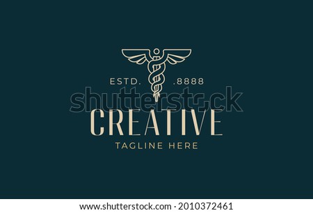 Vector Illustration of needle and wing symbol of medicine. Vintage Modern Logo Line Art Design Template