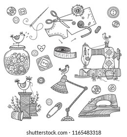 Vector illustration of needlework, sewing  tools. Can be used as a sticker, icon, logo, design template, coloring page.