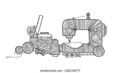 Vector illustration of needlework, sewing  tools. Can be used as a sticker, icon, logo, design template, coloring page.