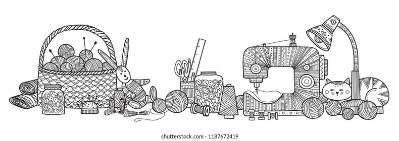 Vector illustration of needlework, sewing  tools. Can be used as a sticker, icon, logo, design template, coloring page.