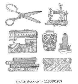 Vector illustration of needlework tools. Can be used as a sticker, icon, logo, design template, coloring page.