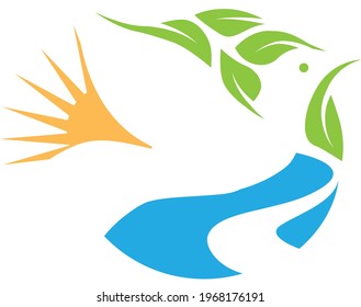Vector Illustration with negative space of bird, leaves, sun, and river. Natural. Peace.
