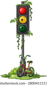 Vector illustration of a neglected traffic light and bicycle, overgrown with green vines and plants