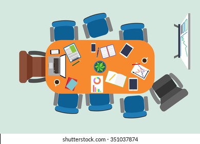 Vector illustration of the negotiating table in a boardroom meeting. Coffee break. Flat business concept.