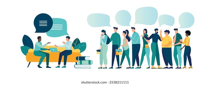 vector illustration, negotiations, communication, brainstorming, job placement