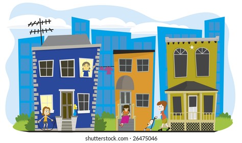 Vector illustration of a neighborhood with a city scape behind.