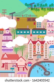 [Vector] illustration of the neighborhood landscape with houses, factories, playgrounds, lakes, etc.