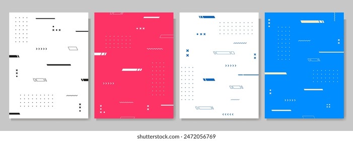 Vector illustration. Neo memphis pattern banner set. Lines and geometric elements flow. Vibrant color background. Design for poster, cover, magazine, layout, flyer, leaflet, business card, advertising
