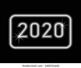 Vector illustration. Neon 2020 NEW YEAR logo with frame isolated on dark background.