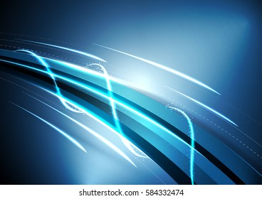 Vector illustration of neon abstract background made of blurred magic blue light curved lines. Energy flow