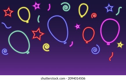 vector illustration of a neon banner. a glowing set. shining balloons, stars and ribbons. holiday, party