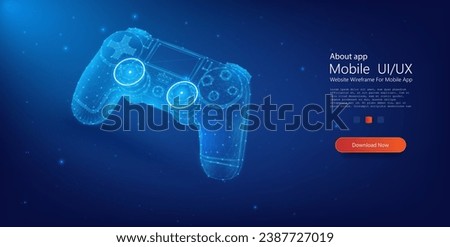 Vector illustration of a neon blue game controller wireframe against a cosmic backdrop, encapsulating modern gaming. Polygonal illustration of a game controller on a dark blue background.