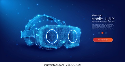 Vector illustration of a neon blue VR headset wireframe on a dark starry background, symbolizing virtual reality technology. Modern abstract connection design vector illustration.