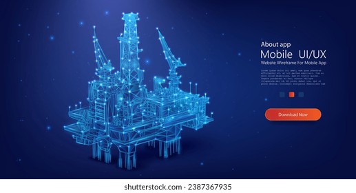 Vector illustration of a neon blue wireframe offshore oil rig on a dark background, symbolizing advanced technology in energy.